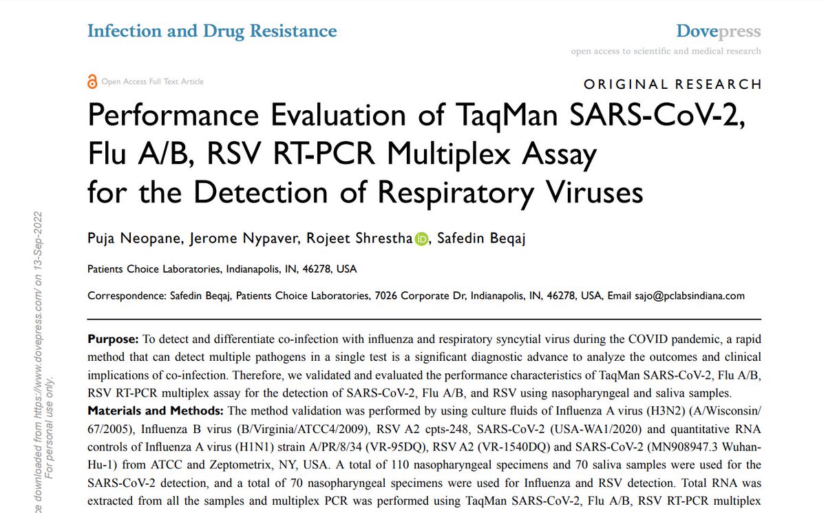 Rojeetshrestha's tweet photo. Our 2nd paper from @PCLabs published in Infection &amp; Drug Resistance (5Y IF-4.655). In this study, we described multiplex assay for the detection of SAR-CoV-2, Flu A and B, and RSV that can have significant diagnostics implication in respiratory illnesses.
@NeopanePuja  @SajoBeqaj https://t.co/OUKzEp7b1A