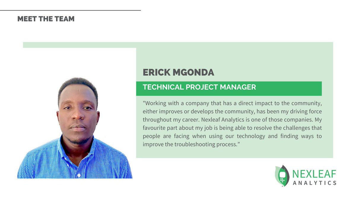Nexleaf's tweet photo. #MeetTheTeamMonday! We would like to introduce Erick Mgonda, the Technical Project Manager for Nexleaf in Tanzania. Read about his impact and why he enjoys working at #Nexleaf. https://t.co/UwJR9o7ZBl
