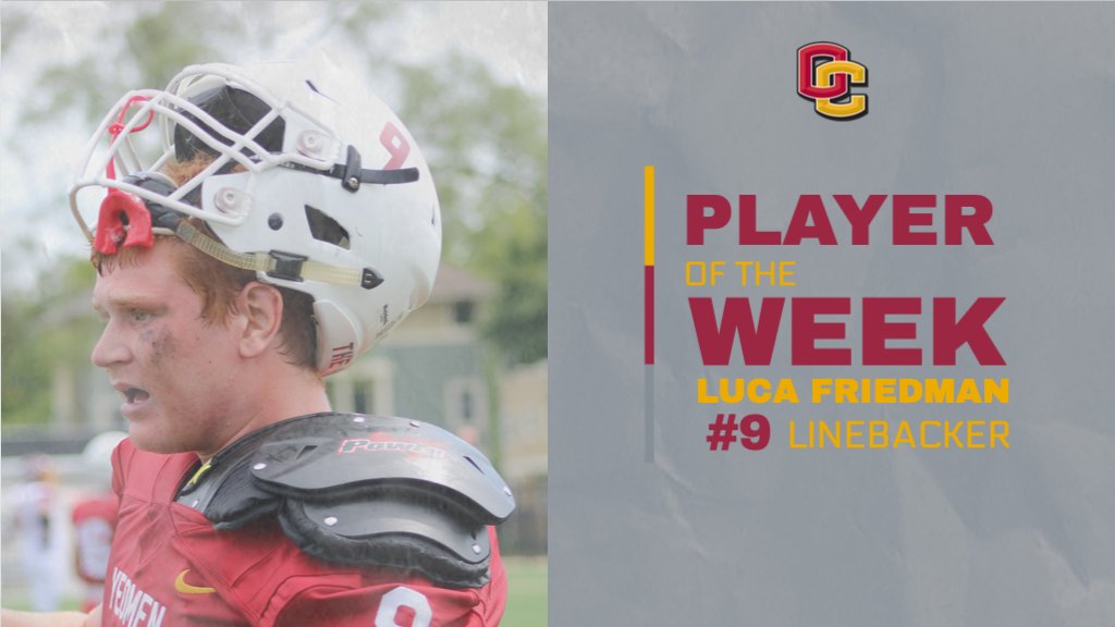 Yeo_Football's tweet photo. Our Defensive Player of the week is Sophomore Linebacker Luca Friedman. Led the team in tackles (13) as well as a tackle for loss and a forced fumble!!! https://t.co/2pZLBSDPOa
