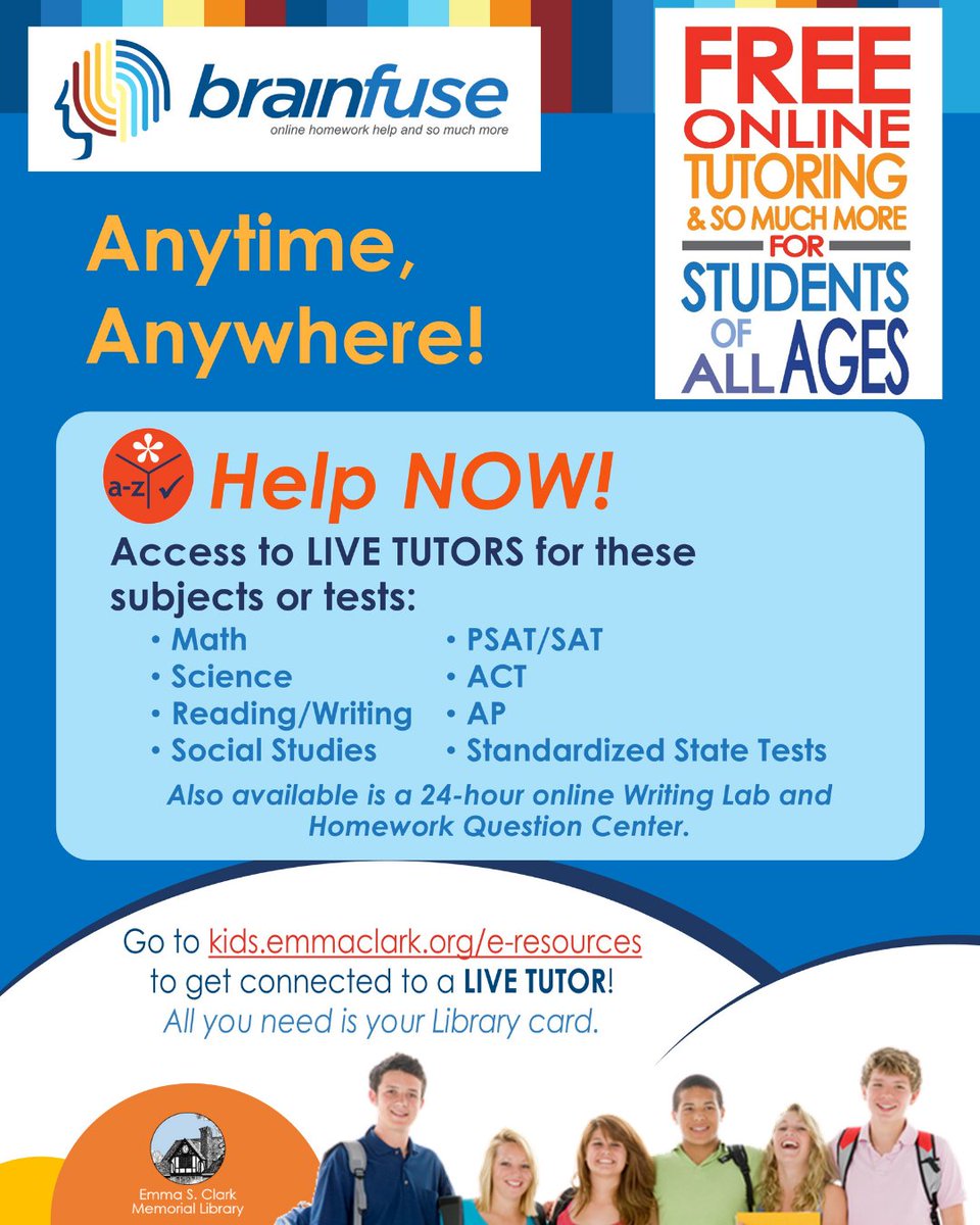 Escml's tweet photo. Free, live online ***Homework Help*** with your library card! Tutors are available everyday from 2:00 - 11:00pm. 

Get started at https://t.co/gYQyIZak5I, and click on the Brainfuse tab - HelpNow.

#BacktoSchool #HomeworkHelp #Free #WithYourLibraryCard @brainfuse https://t.co/cFYLS7A9cK