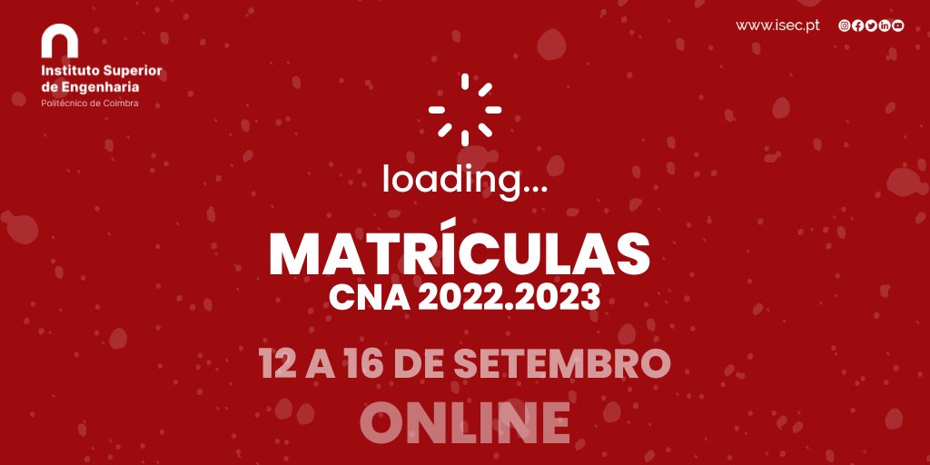 ENTRASTE NO ISEC? NÃO TE PERCAS! Estamos cá para ajudar. FAZ a tua MATRÍCULA ONLINE até dia 16. Podes encontrar toda a informação de que precisas na nossa página em bit.ly/36aqTLe

SEJAM MUITO BEM-VINDOS/AS ao ISEC! 

#ISECoimbra #matriculas #novosalunos #entreinoISEC