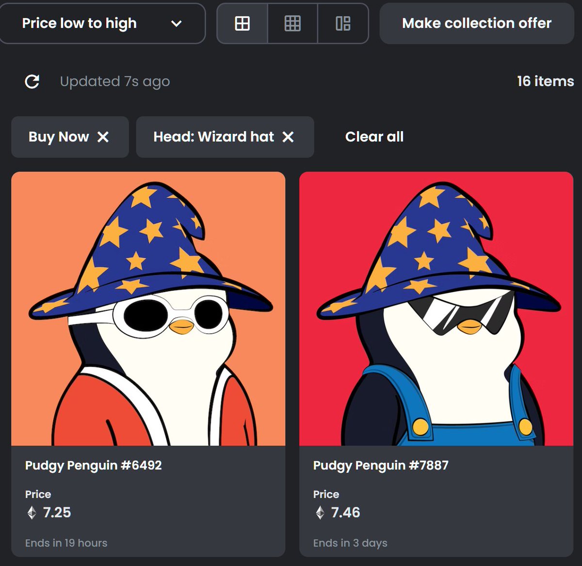 WizardPengu's tweet photo. There are 186 Wizard Hats out of 8888.
Only 12 Listed for Sale.
Floor is 7.25E.
#PudgyPenguins #WizardHats https://t.co/DiY4q9X2Yl
