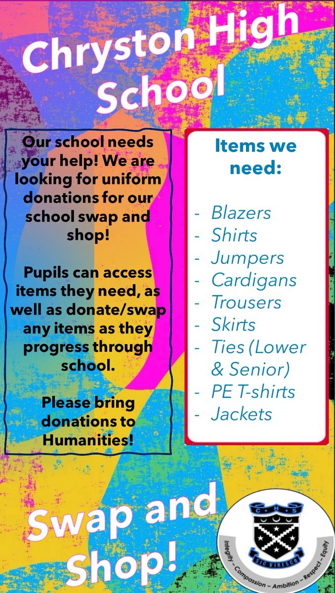 Our school swap and shop needs your help! Please donate any school uniform that has been outgrown or no longer needed to @ChrystonHum  👔 if pupil’s wish to swap items- please come to humanities! <a href="/CHS_Chryston/">Chryston High School</a> <a href="/ChrystonHS_PST/">Chryston HS - Pupil Support Team</a>