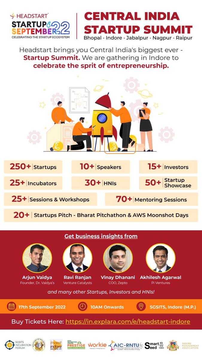 Never seen before such a massive flow of speakers, conference, workshops and experience zone
Headstart's Startup September - Central India's biggest startup summit is here
🗓️ 17th September 2022
⏰ 10 am onwards
📍SGSITS, Indore, M.P
🔗in.explara.com/e/headstart-in…