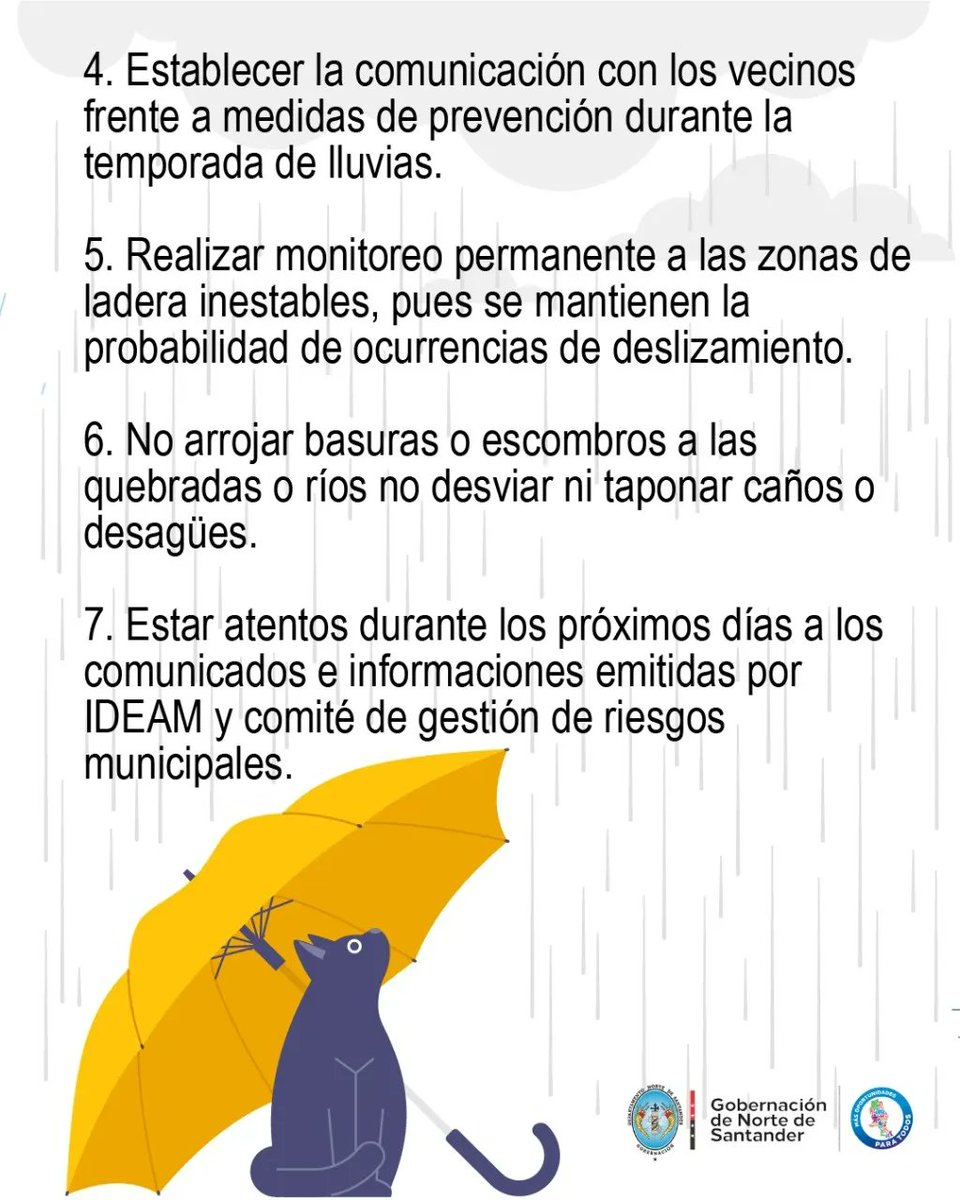 GoberNorte's tweet photo. Desde la Gobernación de Norte de Santander invitamos a todos los ciudadanos tener en cuenta las siguientes recomendaciones ante la segunda #TemporadaDeLluvias.

Cuidar y proteger nuestra vida y la de quienes nos rodean es responsabilidad de todos. https://t.co/PYasVwXBhu
