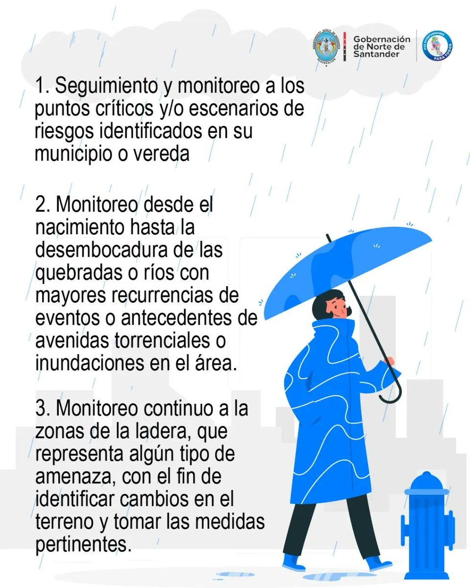 GoberNorte's tweet photo. Desde la Gobernación de Norte de Santander invitamos a todos los ciudadanos tener en cuenta las siguientes recomendaciones ante la segunda #TemporadaDeLluvias.

Cuidar y proteger nuestra vida y la de quienes nos rodean es responsabilidad de todos. https://t.co/PYasVwXBhu