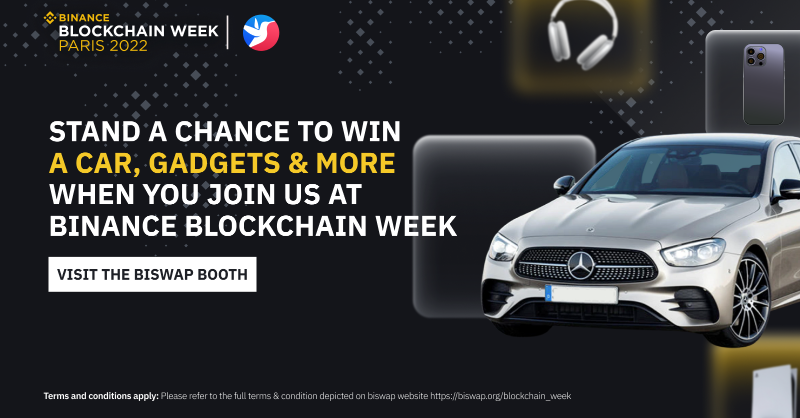 binance's tweet photo. Get a chance to win some of the latest tech gadgets and a Mercedes Benz when you visit the @Biswap_Dex booth at the #BinanceBlockchainWeek Paris 🇫🇷 

Get your ticket now ⤵️