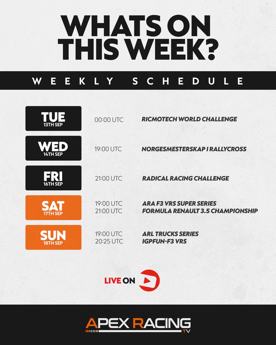 ApexRacingTV's tweet photo. 📅 This week's schedule on #apexracingtv 

2022 Season 4 kicks off this week with highlights including:

- ARA F3 VRS Super Series is back on Saturdays
- Norgesmesterskap iRallyCross brings a new series to ARTV
- iRacing Officials, Radicals and Formula 3.5 make a return https://t.co/CLpwN1mIYV