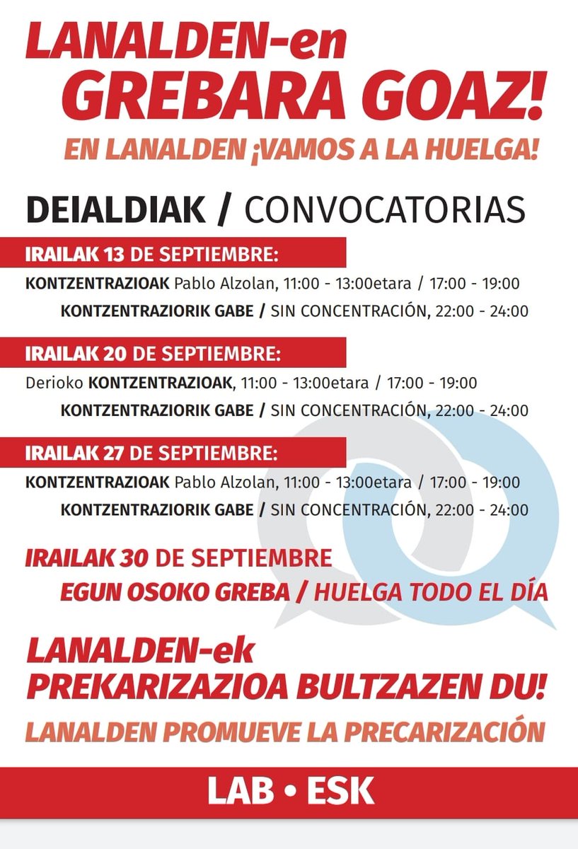 ESKsindikatua's tweet photo. Lanuzteak hasiko dira bihar #Lanalden prekarietatearen aurka.
-----
Mañana se inician en Lanalden los paros en contra de la precarización de las condiciones de trabajo.

#LanaldenBorrokan https://t.co/OuWlPMjYH0