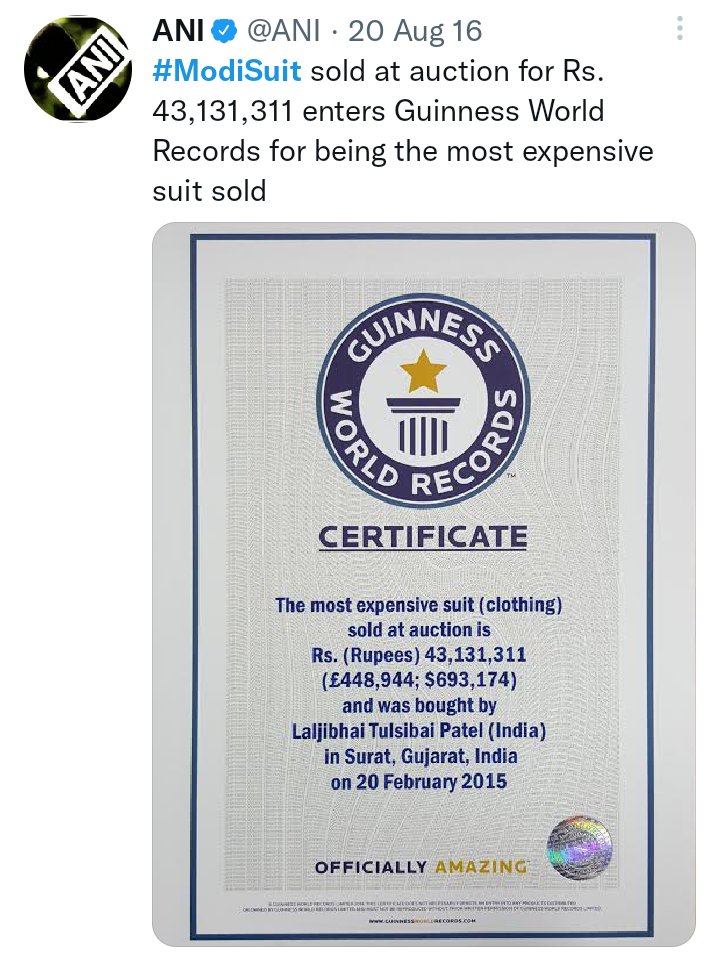arulmozhi2_O's tweet image. 2015ல் வந்த செய்தி நிறைய பேர் மறந்தே போயிருப்பார்கள்
கின்னஸ் உலக சாதனை பட்டியலில் இடம் பெற்றுள்ளது 
பிரதமர் மோதி ஜி பரிசாக வந்த சூட
4 கோடியே 31 லட்சத்து 31 ஆயிரம் ரூபாய்க்கு ஏலம் போனது….

இந்த ஏலப்பணம் “ Operation Clean Ganga “ திட்டத்திற்கு கொடுக்கப்பட்டுள்ளது …!
#modisuit