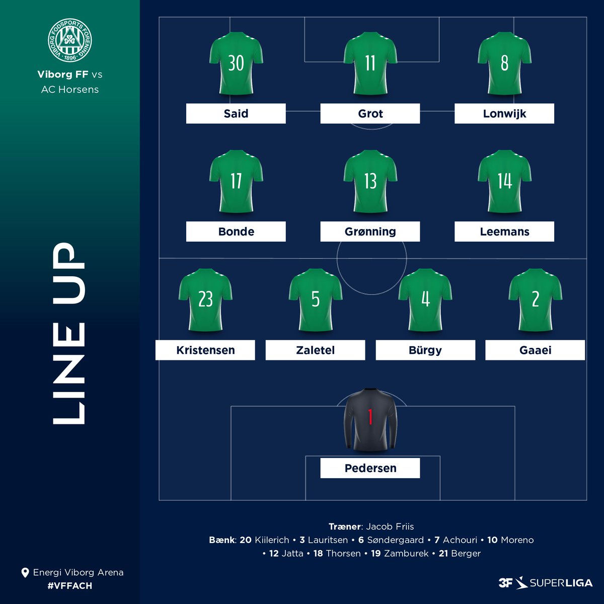 Superligaen's tweet photo. Startopstilling Viborg FF
#SLDK #VFFACH #ditholdvoresliga https://t.co/lG8fUV6YCi