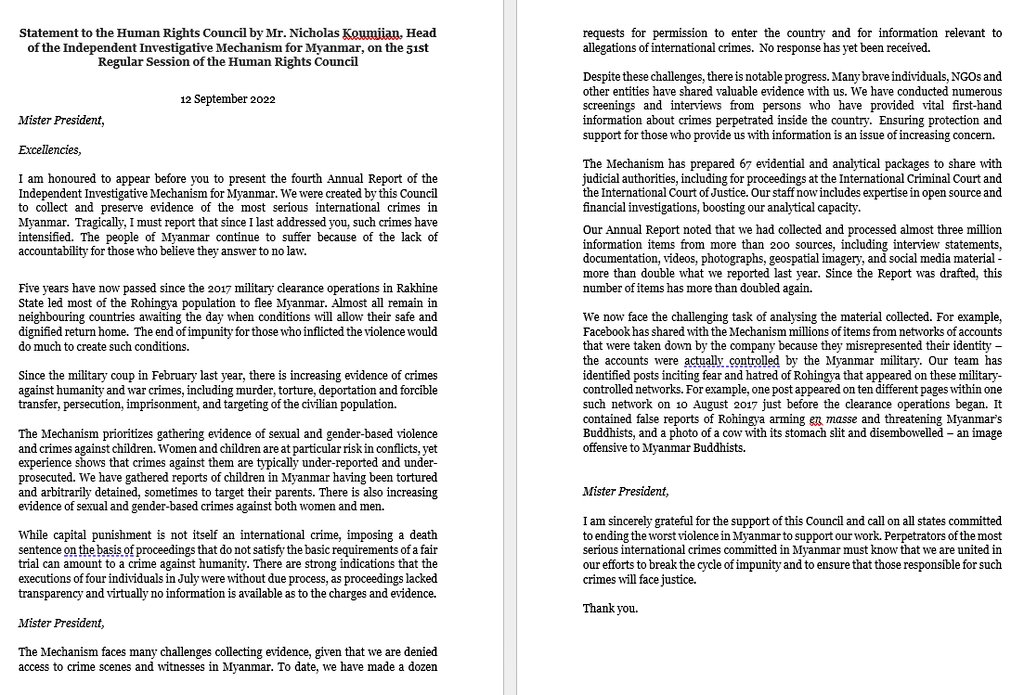 azshamim82's tweet photo. Today, Independent Investigative Mechanism for Myanmar (IIMM) report to #HumanRightCouncil that the Mechanism has prepared 67 evidential and analytical packages to share with judicial authorities, including ICC and ICJ. https://t.co/U18SrQ7nqB