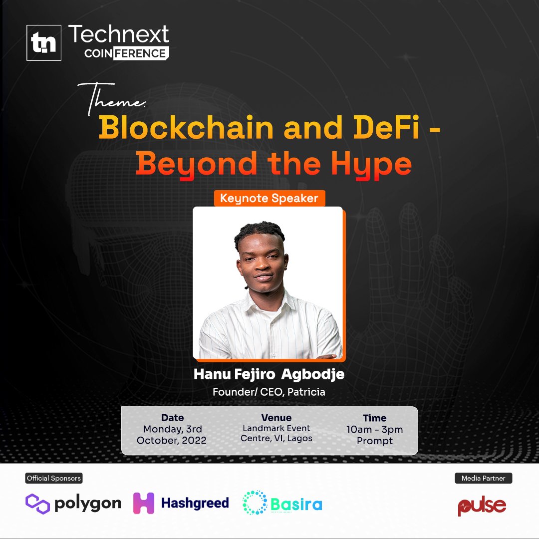 technextdotng's tweet photo. Hanu Fejiro Agbodje (@fejizzy) is the Founder/CEO of @PatriciaSwitch.
A trailblazer in the Fintech and Crypto space, Hanu has been honoured with awards for his contributions to the African Fintech and Crypto space at large.
Join Hanu at the #TechnextCoinference22
#Blockchain https://t.co/EY8AQwycR6