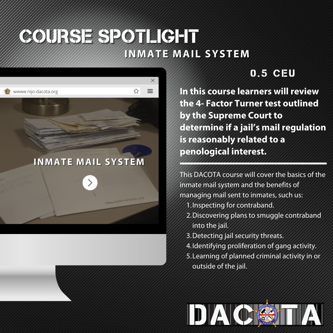 JailTrainingOps's tweet photo. Did you know that our online training system, #DACOTA (Detention and Corrections #OnlineTraining Academy) offers over 70 hours of interactive, engaging corrections-specific training? If you'd like to schedule a demo, email #NIJO at agencydevelopment@jailtraining.org. https://t.co/0nTnBK10qc