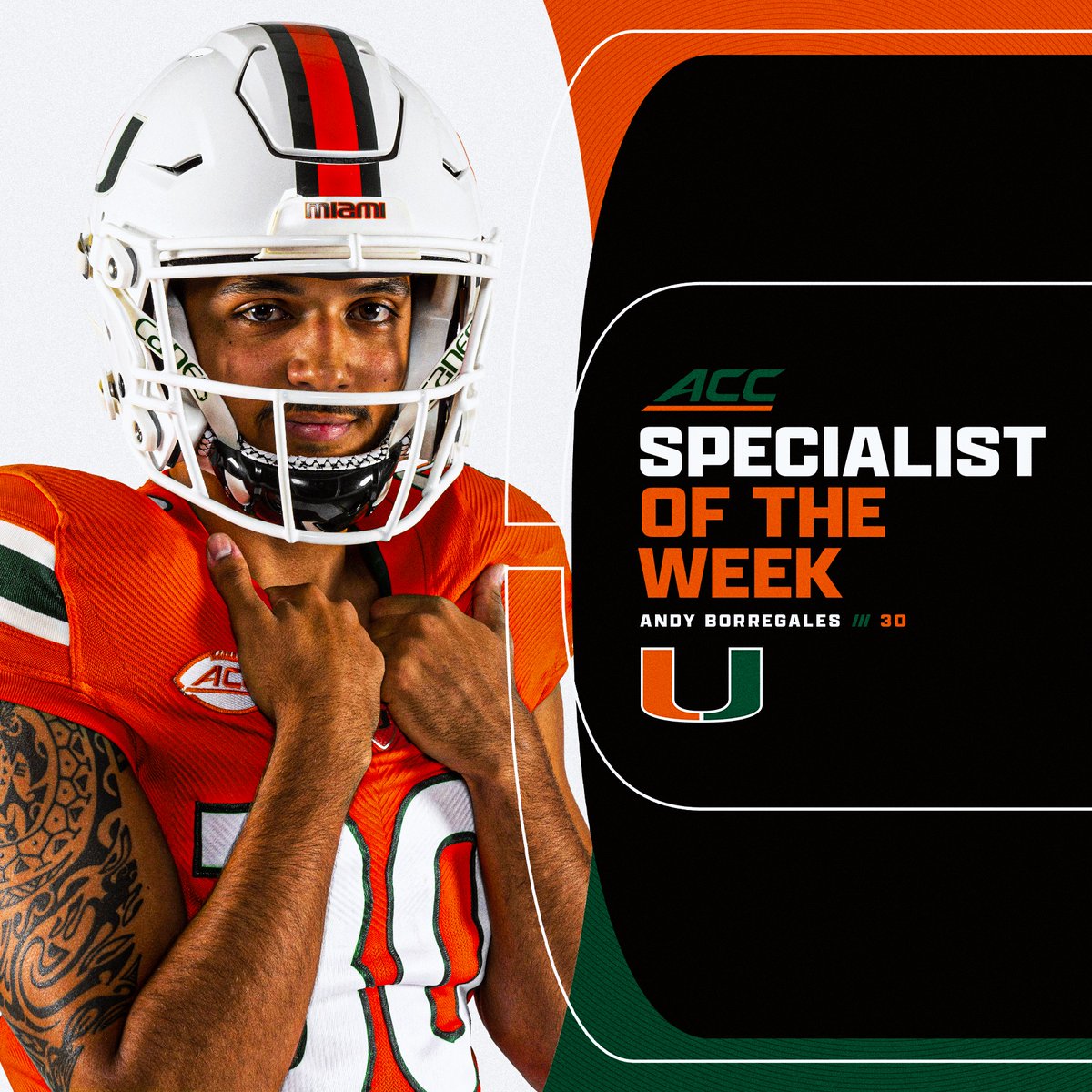 CanesFootball's tweet photo. Andy Borregales has been named the @ACCFootball Specialist of the Week.

🗞: https://t.co/VdVHrDears https://t.co/BM1ONK9i0V