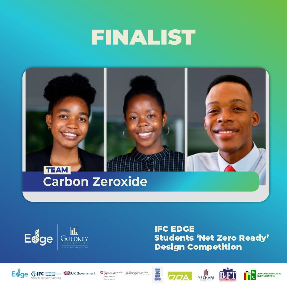 GHGreenSummit's tweet photo. MEET TEAM CARBON ZEROXIDE
Martha Chaitezvi, Charlton Mandaza and Faith Rovina constitute Team Carbon Zeroxide, one of the team finalists of the IFC @edgebuildings 'Net Zero Ready' Design Competition.
#Ghana #greenarchitecture #studentscompetition #greenbuildingawards https://t.co/TaBa5Y985U