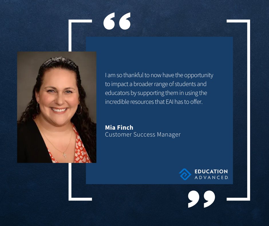 EdAdvanced's tweet photo. Meet Mia Finch, who joined the EAI family in March 2022 as a Customer Success Manager. After ten years serving in public education, Mia's experience includes roles as a teacher, technology coach, and secondary administrator.

Learn more about Mia here: 
https://t.co/uYQU3g13Xp https://t.co/klkxxBL6iT