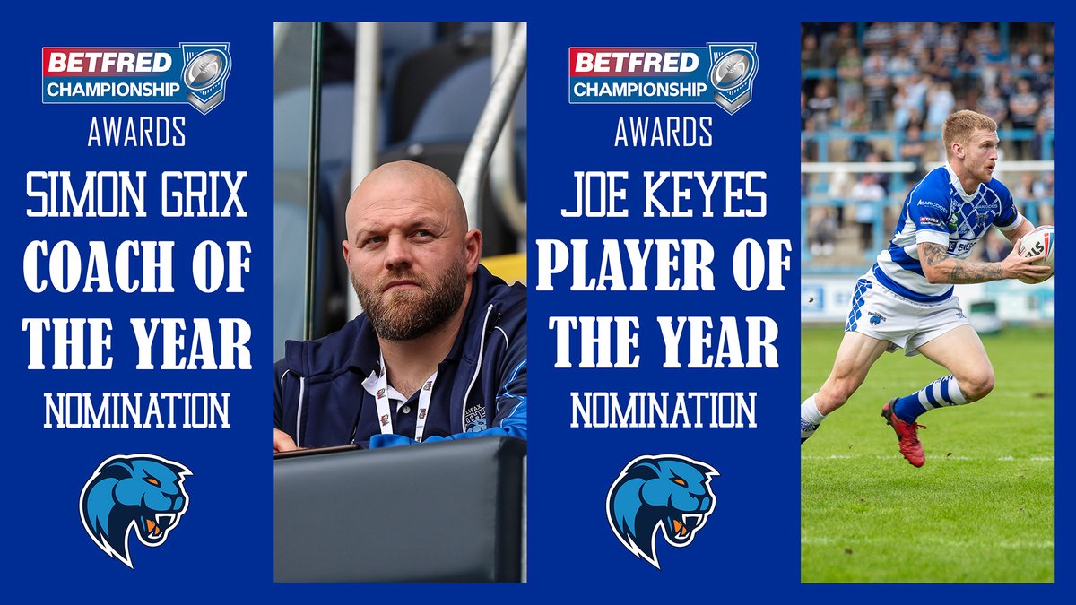 HalifaxPanthers's tweet image. KEYES AND GRIX NOMINATED FOR AWARDS | Halifax Panthers star @JoePKeyes and head coach Simon Grix have been nominated for awards in the end of season honours list

halifaxpanthers.co.uk/panthers-news/…

#PlayOffPanthers #ChooseFax #MoreThanAGame