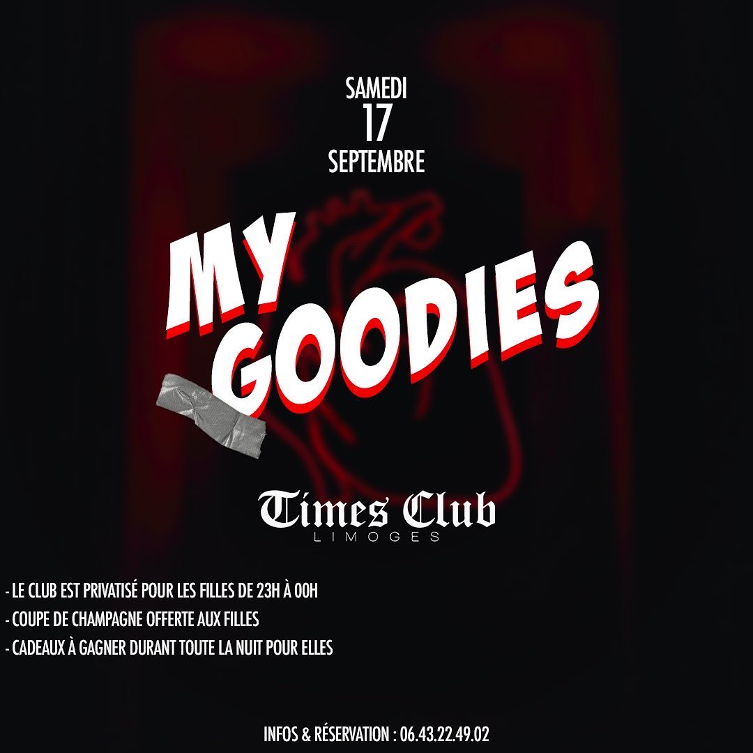 ➡️ Samedi 17 septembre 

La rentrée démarre fort avec notre Soiree classique !

MY GOODIES !

 La soirée consacrée aux filles avec de nombreux cadeaux à gagner 🎁

➡️ LE CLUB SERA PRIVATISÉ POUR LES FILLES DE 23h à 00h
➡️ Une coupe de champagne offerte aux filles !
