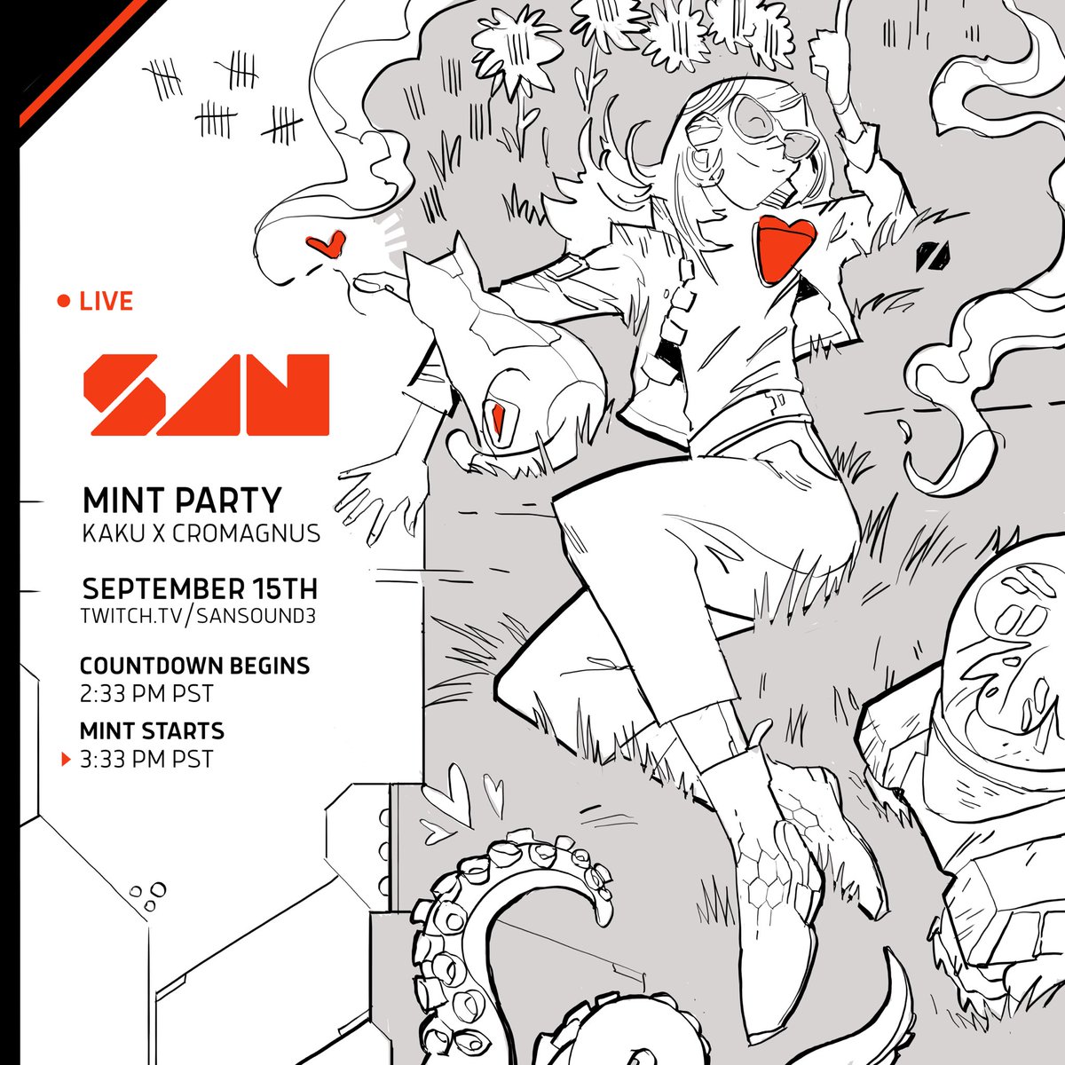 SanSound3's tweet photo. LIVE Mint Party with @cromagnus x @Kakuberry ๐
๐ถ https://t.co/5u6zBw5dMV
Countdown to Whitelist Mint begins September 15th at 2:33 PM Pacific.
๐ปNot on the Whitelist yet? Go to https://t.co/LWqox26t22. https://t.co/BFpKhbi4zl