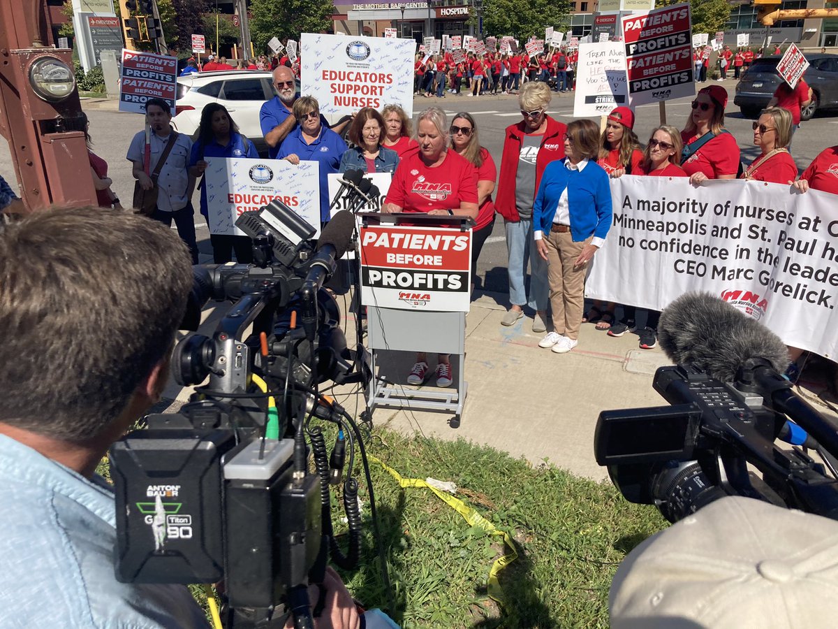 kiyaedwards's tweet photo. “The hospitals would like you to think this is all about money. That is simply not true.” #MNNurses demand better working conditions. This is day 1 of 3-day strike. A Children’s Minnesota nurse says there have been 22 bargaining sessions so far, the latest on Saturday. https://t.co/9Huie9EnD3