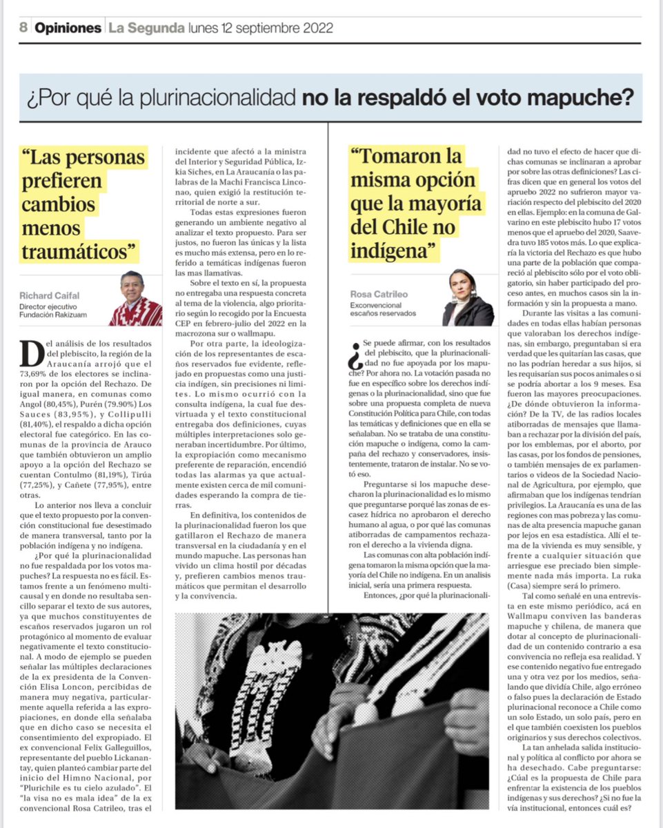 ¿Por qué la plurinacionalidad no la respaldó el voto mapuche?
Richard Caifal: "Las personas prefieren cambios menos traumáticos"
Te invitamos a leer la columna de opinión de nuestro director ejecutivo Richard Caifal en La Segunda de hoy.