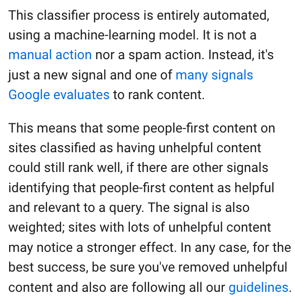 dannysullivan's tweet photo. @glenngabe Not that directly. Point is our ranking systems use a variety of signals overall, as we said: https://t.co/G6g7hvE7P2
Helpful content is weighted, so sites on the edge might not see issues. But if they also have core update issues, the combo might be more significant. https://t.co/tQZcsZQHkp