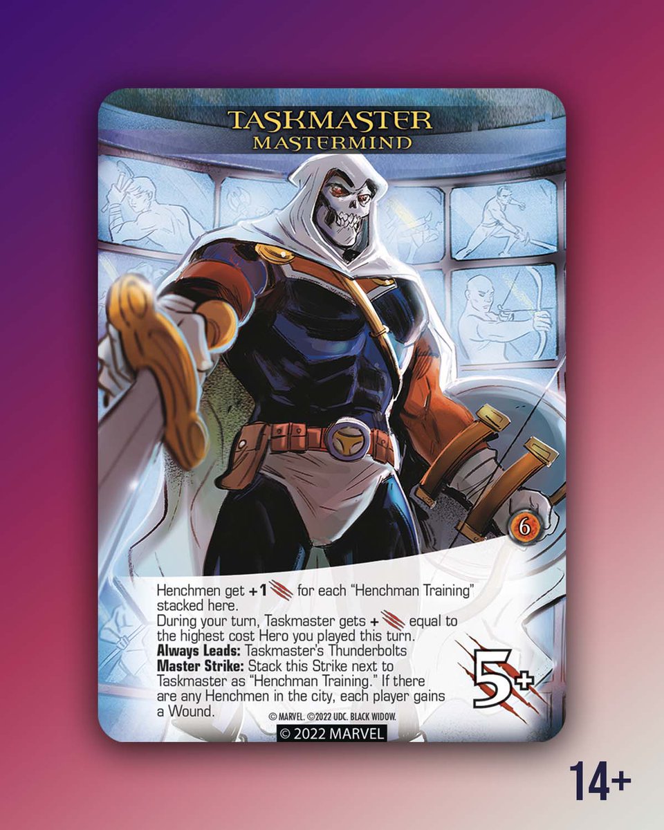 UpperDeckEnt's tweet image. New cards from the Legendary: Black Widow expansion. Get a glimpse of Natasha Romanoff and her fellow agents, Yelena Belova and Red Guardian. Be prepared for Taskmaster to enter the mix with this brand new Mastermind card! Be sure to get your copy of the game on September 14th!