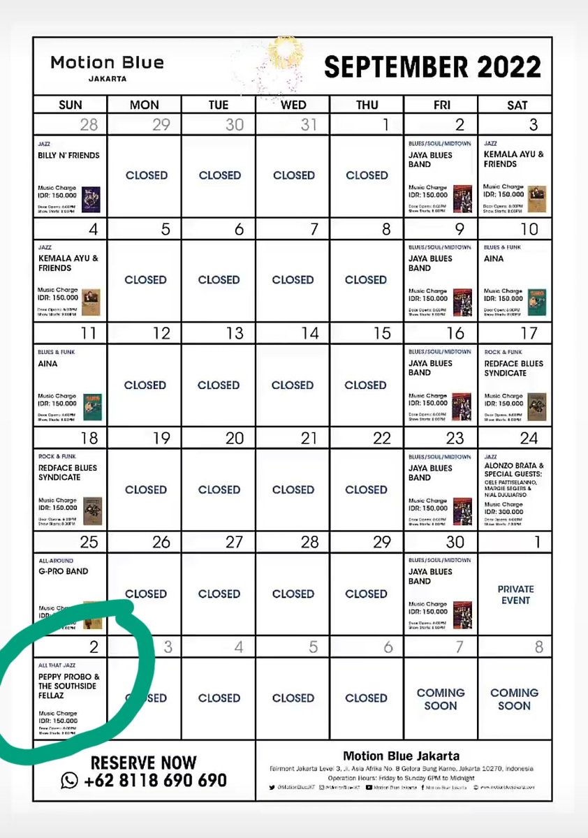 Book dari sekarang gaes, insyaa ALLAH aku &amp; tim akan main tanggal 2 oktober &amp; 30 Oktober. 2 sessions 75 minutes each session, full of jazz, swing, latin brazilian, some latin afro cuban, ballad, funk, fusion.