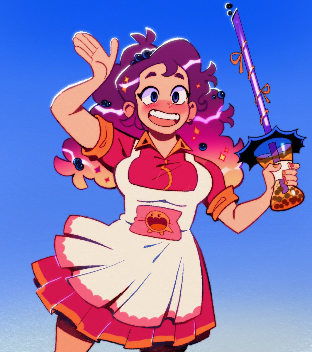 1girl solo smile purple hair blush apron holding  illustration images