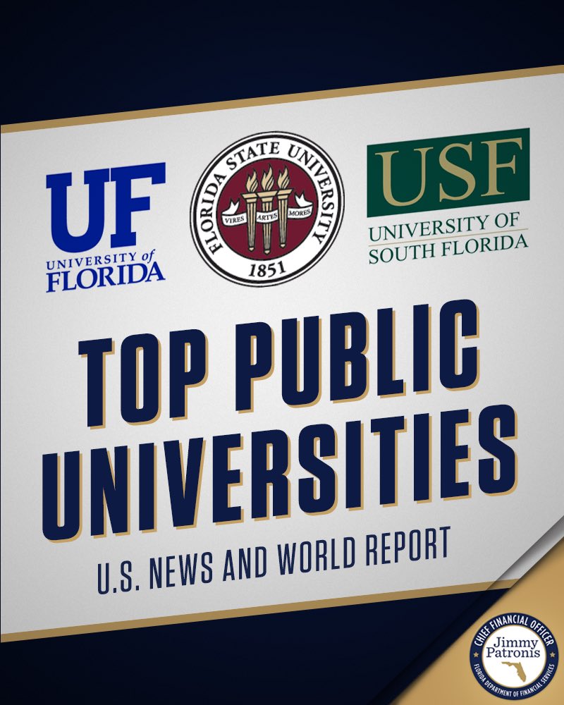 Congratulations <a href="/UF/">FLORIDA</a>, @floridastate and <a href="/USouthFlorida/">University of South Florida</a> for ranking in the Top 50 Public Universities in the nation according to <a href="/usnews/">U.S. News & World Report</a>. More proof that Florida is the best place to live, work, &amp; get an education! #FlaPol