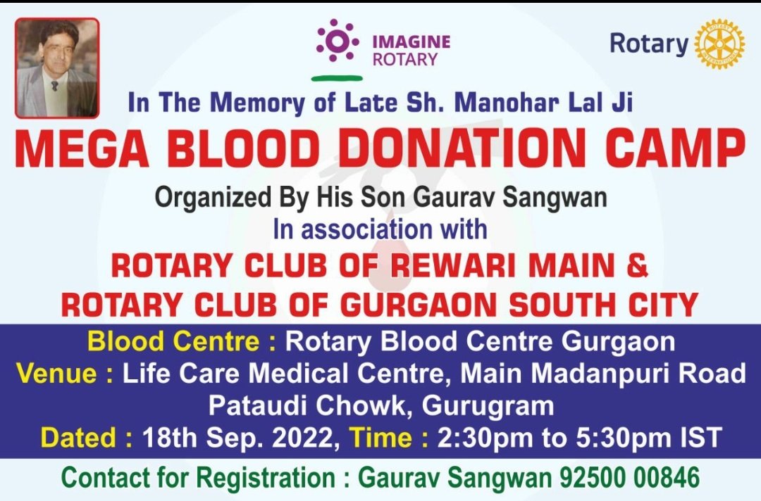 Gaurav Bhargava (@gaurav999x) on Twitter photo MEGA Blood donation Drive on September 18th in old Gurgaon, organized by my friend in memory of his father.
For registration pls contact Gaurav Sangwan at 9250000846.
Pls retweet for maximum reach.
<a href="/Adityaaa_Sharma/">Aditya Sharma</a> can u help?
<a href="/SamarjeetSindhu/">Samarjeet Sindhu</a> <a href="/salonimalhotra/">•• Saloni Malhotra ••</a> <a href="/Ravisutanjani/">Ravisutanjani</a> MEGA Blood donation Drive on September 18th in old Gurgaon, organized by my friend in memory of his father.
For registration pls contact Gaurav Sangwan at 9250000846.
Pls retweet for maximum reach.
<a href="/Adityaaa_Sharma/">Aditya Sharma</a> can u help?
<a href="/SamarjeetSindhu/">Samarjeet Sindhu</a> <a href="/salonimalhotra/">•• Saloni Malhotra ••</a> <a href="/Ravisutanjani/">Ravisutanjani</a>