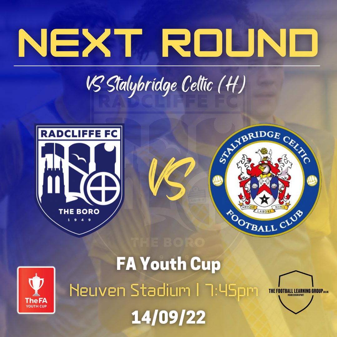 Radcliffe FC (@radcliffeboro) on Twitter photo 🙌 Join us at the Neuven Stadium on Wednesday night, as our U18’s look to progress further in the FA Youth Cup!
🆚 <a href="/StalyCelticFC/">Stalybridge Celtic</a> U18’s
📍 Neuven Stadium
⏰ 7:45pm KO
🎟 bit.ly/3BaGgRL
🤝 @TFCollege_
#WeAreRadcliffe #UTB 🙌 Join us at the Neuven Stadium on Wednesday night, as our U18’s look to progress further in the FA Youth Cup!
🆚 <a href="/StalyCelticFC/">Stalybridge Celtic</a> U18’s
📍 Neuven Stadium
⏰ 7:45pm KO
🎟 bit.ly/3BaGgRL
🤝 @TFCollege_
#WeAreRadcliffe #UTB