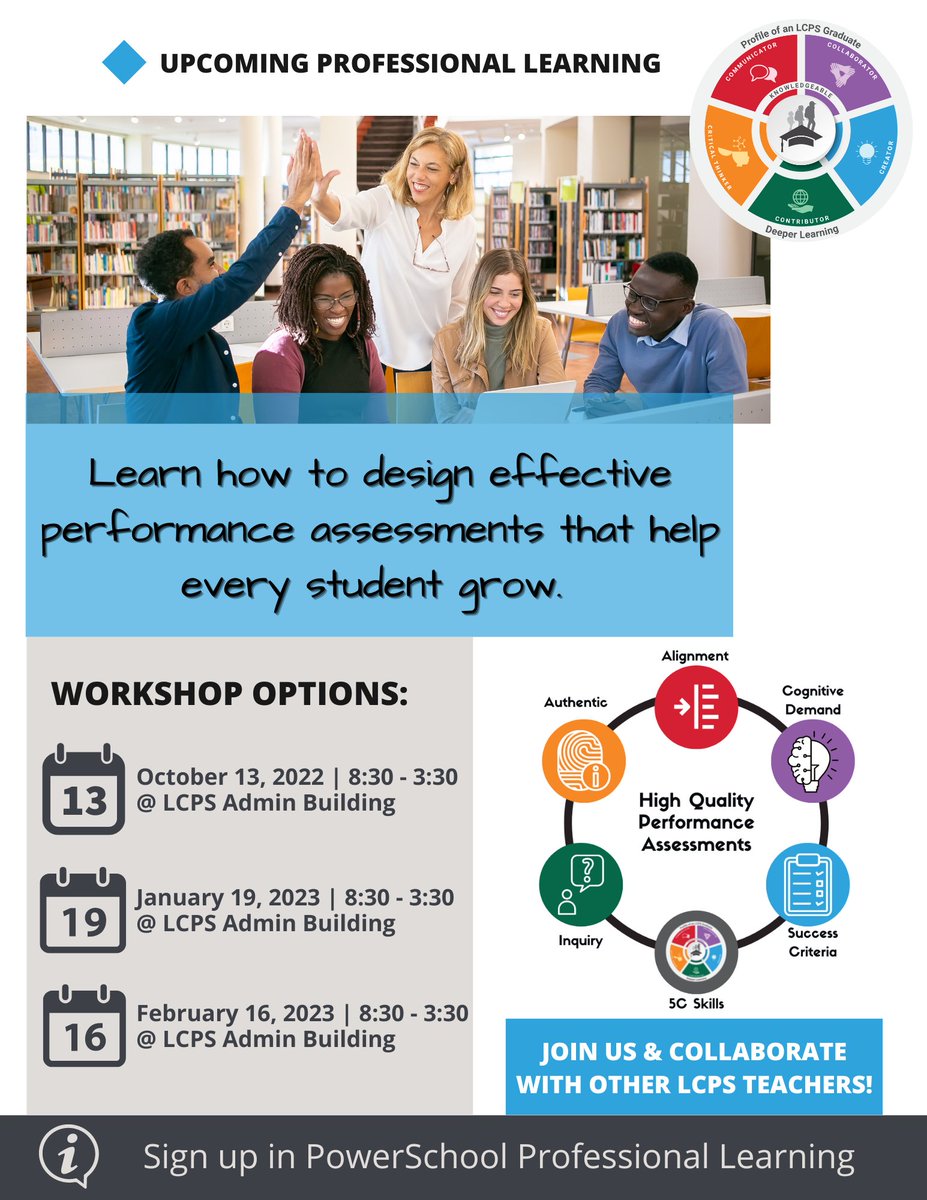 LCPSProLearning's tweet photo. 📢@LCPSOfficial Ts! The Professional Learning Office has some #amazing #PerformanceAssessment training opportunities coming! Check out PowerSchool Professional Learning to sign up! #DeeperLearning #WeAreOneLCPS #lcps23 #LCPS5Cs https://t.co/mPaas4IsOc