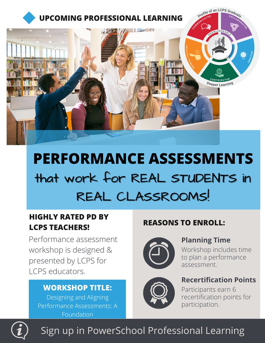 LCPSProLearning's tweet photo. 📢@LCPSOfficial Ts! The Professional Learning Office has some #amazing #PerformanceAssessment training opportunities coming! Check out PowerSchool Professional Learning to sign up! #DeeperLearning #WeAreOneLCPS #lcps23 #LCPS5Cs https://t.co/mPaas4IsOc