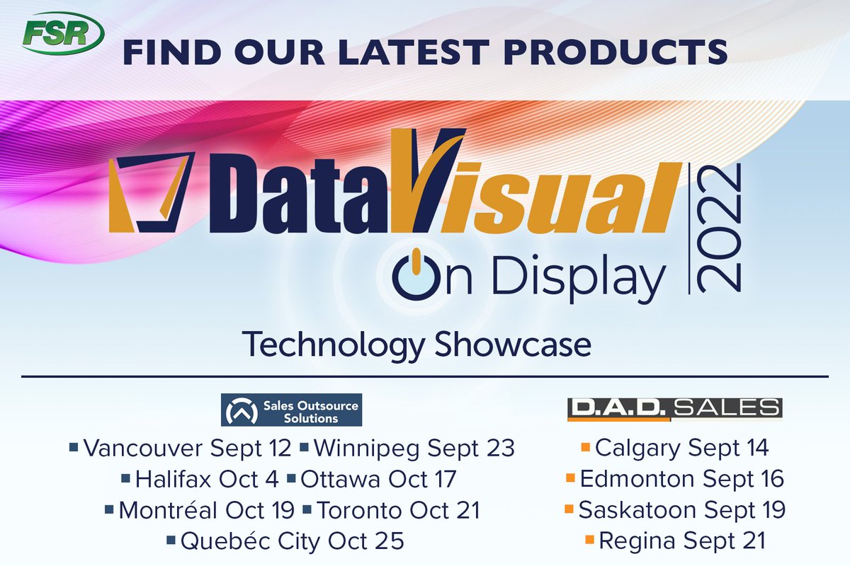 FSR_Inc's tweet photo. The @datavisualinc on Display roadshow is about to kick off with the first stop in Vancouver, BC. If you're attending today's showcase or plan to attend one of the other stops, swing by our tabletop display to see what's new for 2022. #DVoD https://t.co/5BI0KEJSkQ
