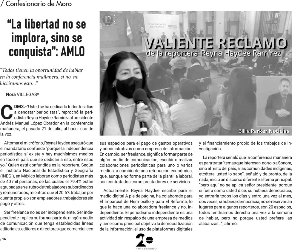 Revista_mujeres's tweet photo. 📣 Confesionario de Moro 
👉 Análisis Político sobre los acontecimientos más importantes en la República Mexicana y Oaxaca.
▶ “La libertad no se implora, sino se conquista”: AMLO
Nora VILLEGAS @aretzavinora https://t.co/stbJi1EI0G