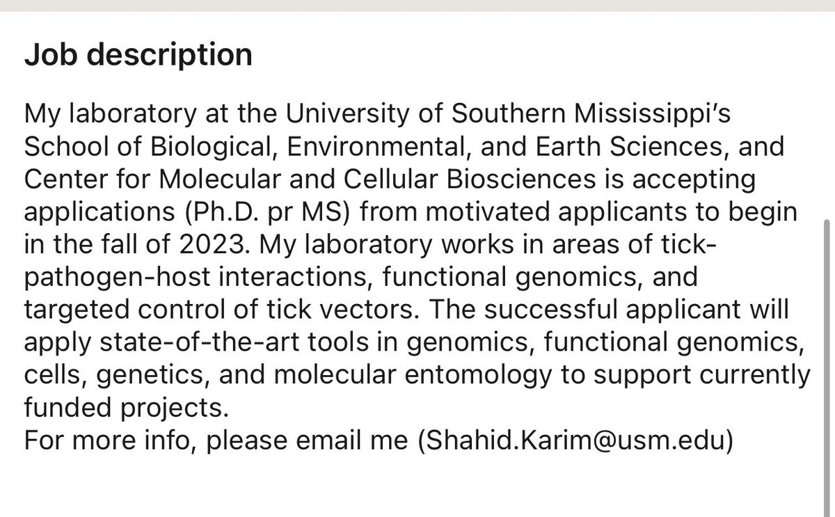 Dammy_dot's tweet photo. A faculty in my department is accepting applications for MS or PhD students for Fall 2023.

Check out this job at The University of Southern Mississippi:  https://t.co/NC5Rs5t65j https://t.co/sNhCJ3p3VD