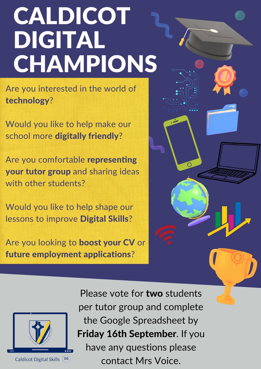 CaldicotDcf's tweet photo. Hi all! It’s a new academic year so we are looking for new #CaldicotDigitalChampions to help improve our Digital Skills and to represent our student body! Each tutor group should vote for their chosen champions by Friday! #DigitalSkills @Caldicot_Sch #DCFWales https://t.co/JRqLUG68Xv