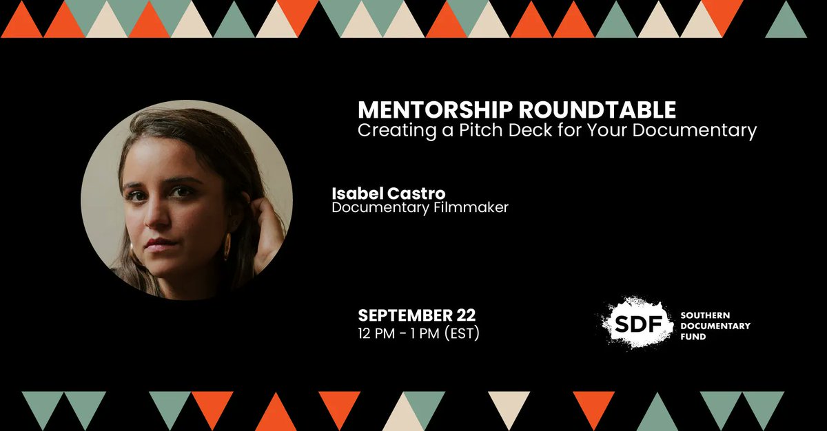 firelightmedia's tweet image. September 22, 12pm ET: Join @SouthernDocFund and #DocLabAlum Isabel Castro for a filmmaker roundtable on creating a pitch deck for your documentary. Register here for the free, interactive event: bit.ly/3eEnv1O