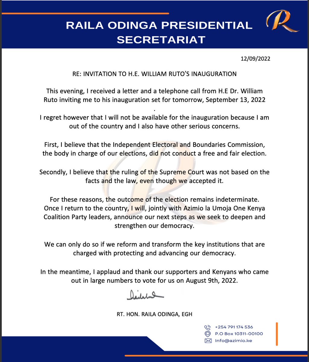 NationAfrica's tweet photo. Azimio leader Raila Odinga declines to attend President-elect William Ruto's inauguration, says he is out of the country and that he does not believe IEBC conducted a free and fair election. https://t.co/dNxE45cXjC