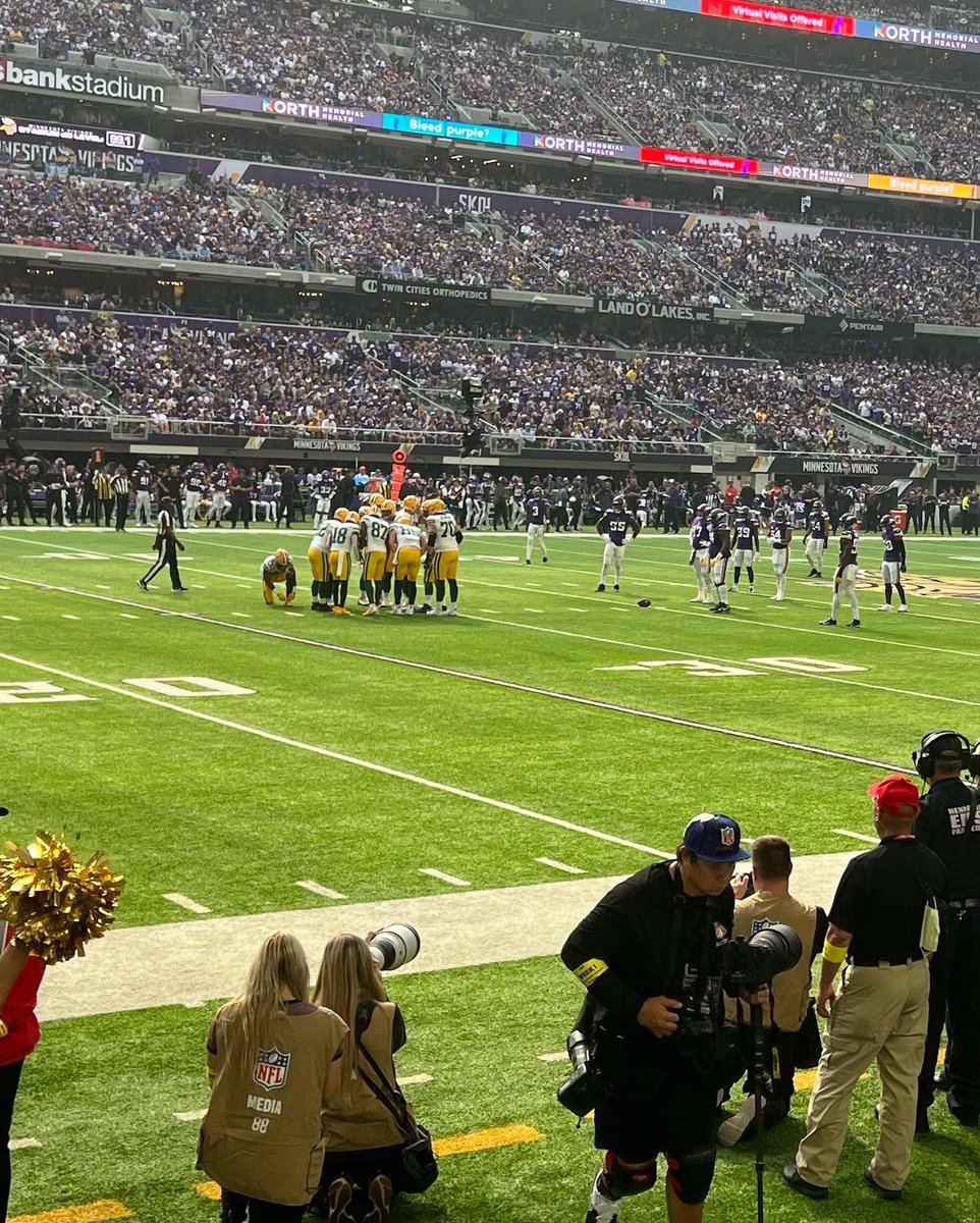 KtDrews's tweet photo. Second row for an incredible first @vikings game of the season. So glad I was there to witness in person this (hopefully) season-defining victory over the #Packers. The icing on the cake? Halftime show by @tpain! #SkolVikings  #purplepride #allidoiswinwinwin https://t.co/9JXof7gSmI
