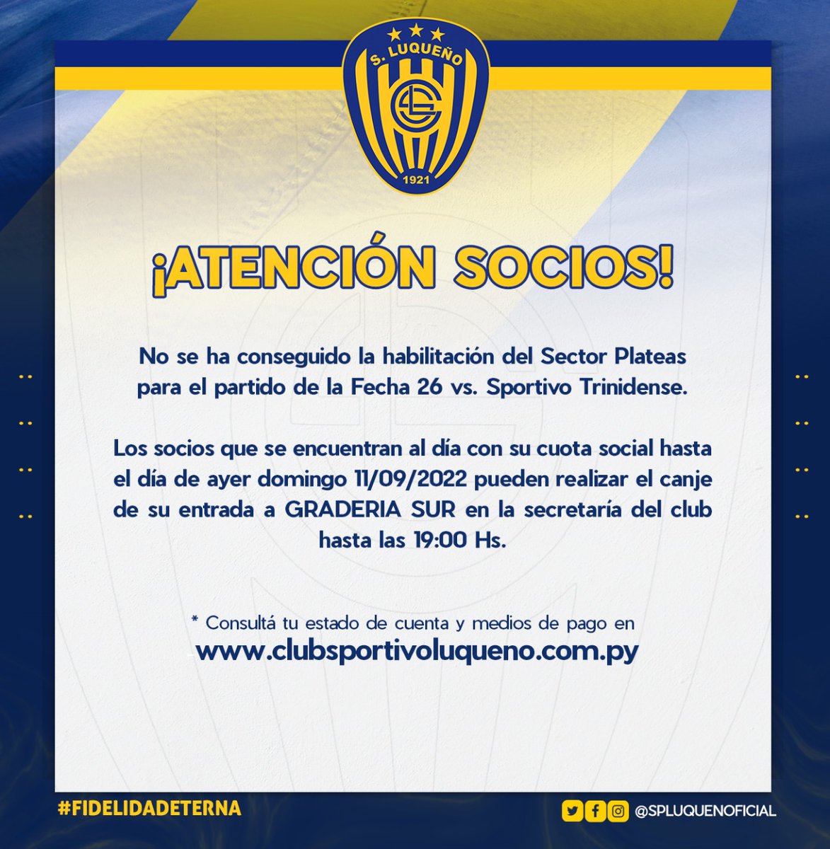 ⚠️ ATENCIÓN HINCHAS DEL SPORTIVO LUQUEÑO ⚠️