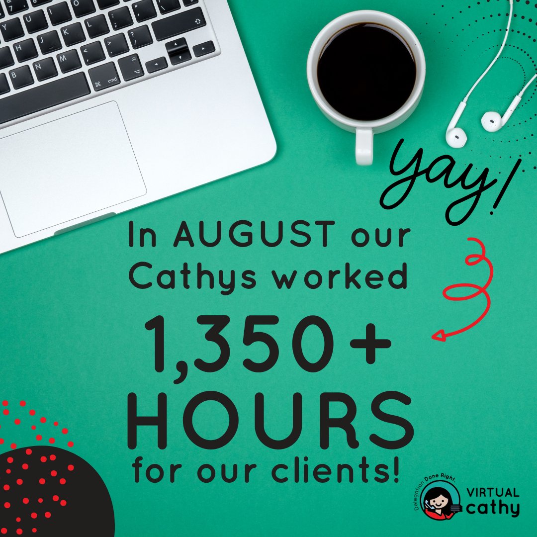 TheVirtualCathy's tweet photo. In August, our team clocked even MORE hours than the month before! 

We're not slowing down anytime soon! This team is on a mission to free up our clients' time so they can take their businesses to the next level!

#virtualcathy #delegationatitsbest #virtualassistant https://t.co/R7btY1nDFI