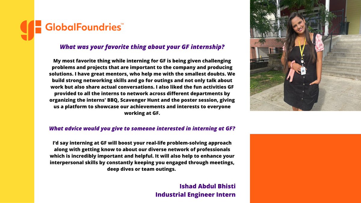 GlobalFoundries's tweet photo. We're continuing our #GFInterns Spotlight Series!
Read about GF Intern Ishad and her experience networking across departments. Thank you, Ishad, for all your hard work this summer! https://t.co/1BoWAJDSMR