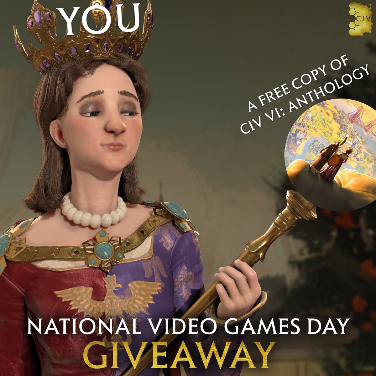 CivGame's tweet photo. #NationalVideoGamesDay calls for a #Civ Giveaway!

𝗥𝗘𝗧𝗪𝗘𝗘𝗧 this post &amp; 𝗙𝗢𝗟𝗟𝗢𝗪 @CivGame for a chance to win a Civilization VI: Anthology code.

Terms 👉 https://t.co/MVRkxrd0dl https://t.co/A2kyo1ihHs