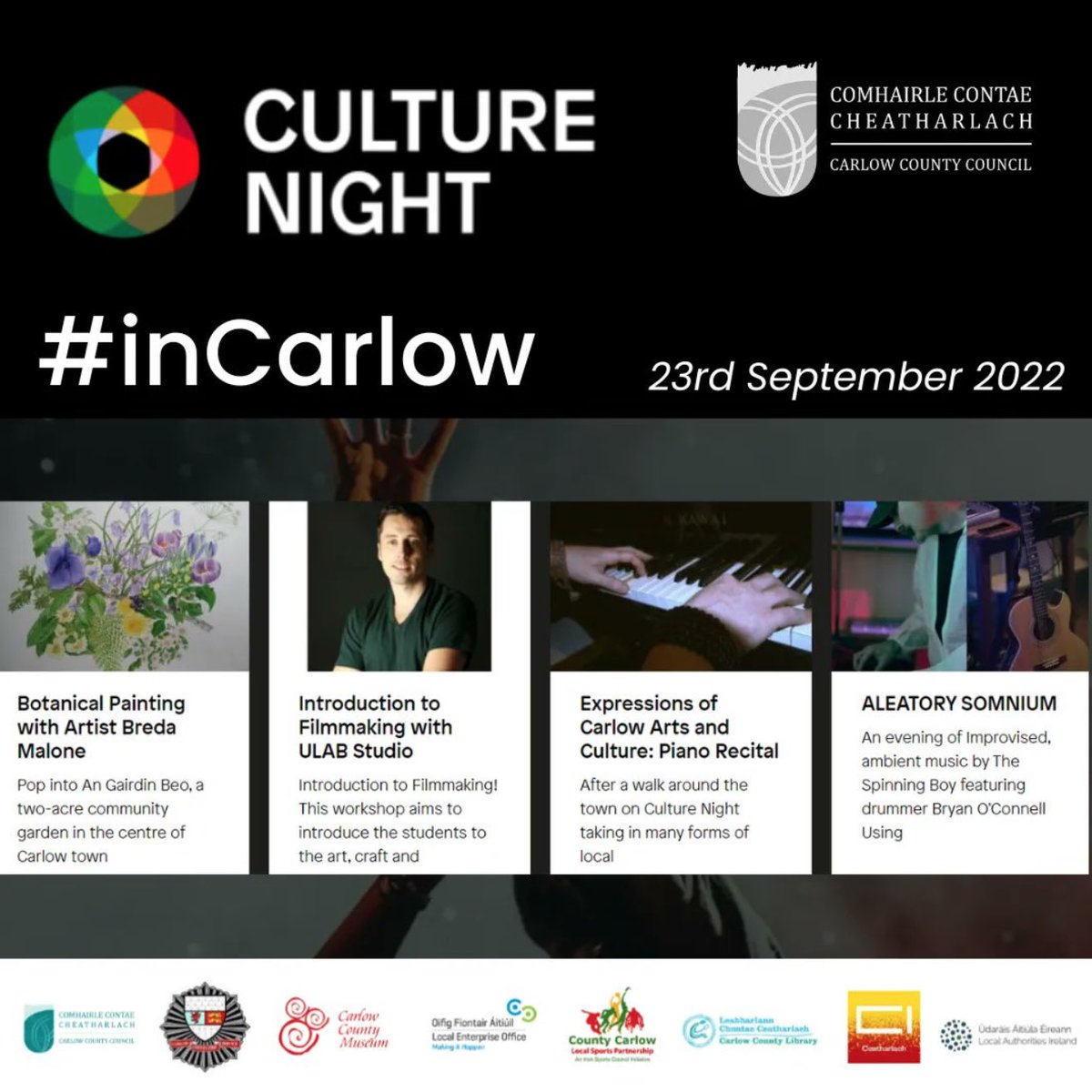 CulturNiteCarlo's tweet image. Friday 23 Sept. #Carlow @CultureNight @Carlow_Co_Co @CarlowLibraries @CarlowLEO @CreativeCarlow @carlowchamber @TBAPopUp @TheSpinningBoy @patrickwbramley