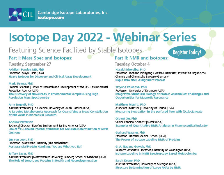 Please join us for Isotope Day 2022 - Webinar Series. A two-day event with presentations from top-ranked scientists on the wide-ranging applications of stable isotopes. These include #MS and #NMR facilitated research Register today! bit.ly/3BySFQU