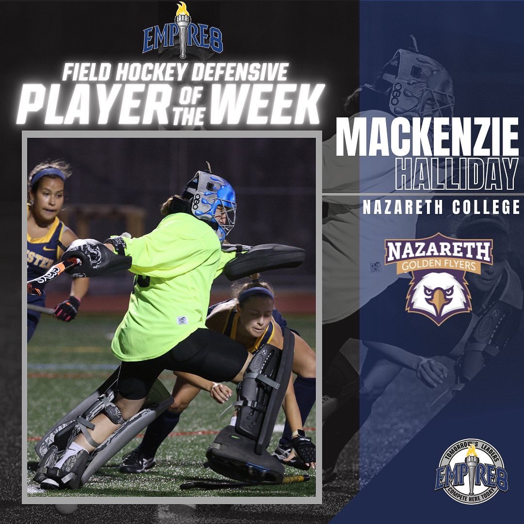 Congrats to the #E8 Field Hockey Defensive Player of the Week Mackenzie Halliday <a href="/NazAthletics/">Nazareth Athletics</a>  Halliday made 40 saves in two games last week including a career-best 24 saves in a 2-1 loss to SUNY Brockport for a sparkling .923 save percentage!
#E8 #E8Proud #WhyD3