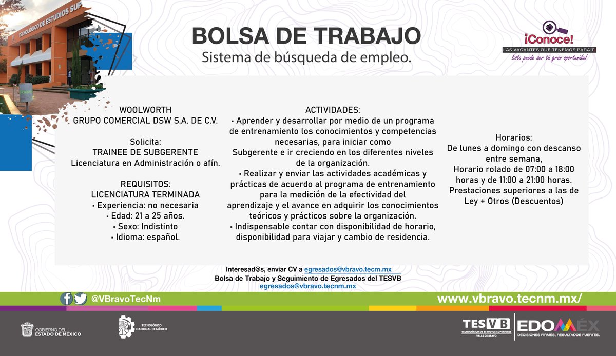 VBravoTecNm's tweet photo. #TESVB #BolsaTrabajo #EgresadosTESVB Interesados enviar CV. al siguiente correo electrónico egresados@vbravo.tecnm.mx, tienen desde día de hoy hasta el 30 de septiembre 2022. https://t.co/jzNYaH7kWp